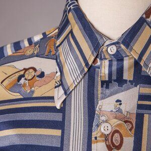 1970s Novelty Car Print Butterfly Collar Button Up shirt